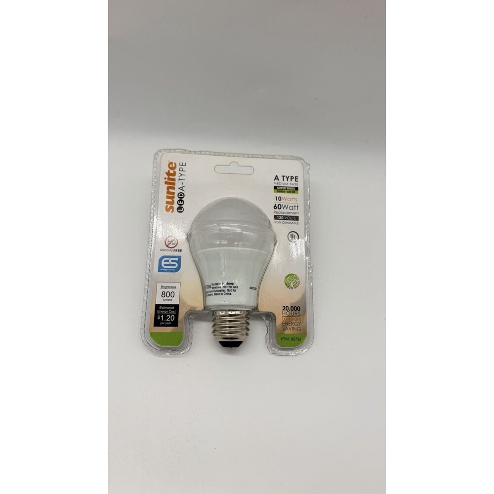 Sunlite A19 LED Light Bulb 10W 60W Equivalent 5000K 800 Lumens Non-Dimmable
